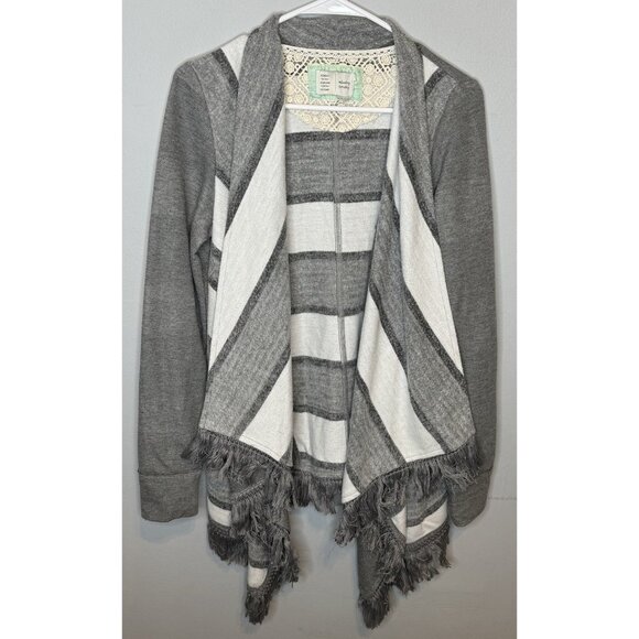 Anthropologie Saturday Sunday Cardigan Medium Gray Grey Fringe Striped - Picture 1 of 7